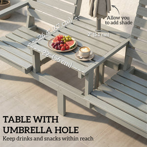 Outdoor Bench with Wheels and 3-Position Adjustable High Back, 2 Seater Outdoor Loveseat with Umbrella Hole, Grey