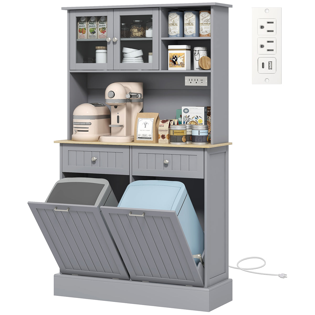 Kitchen Cabinet with Charging Station, 2 Tilt Out Cabinets, Microwave Stand – view 8