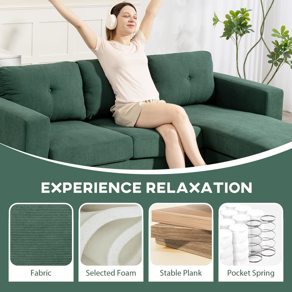 Sectional Sofa with Changeable Chaise Lounge, 3 Seat L-Shaped Small Space Sofa – view 18