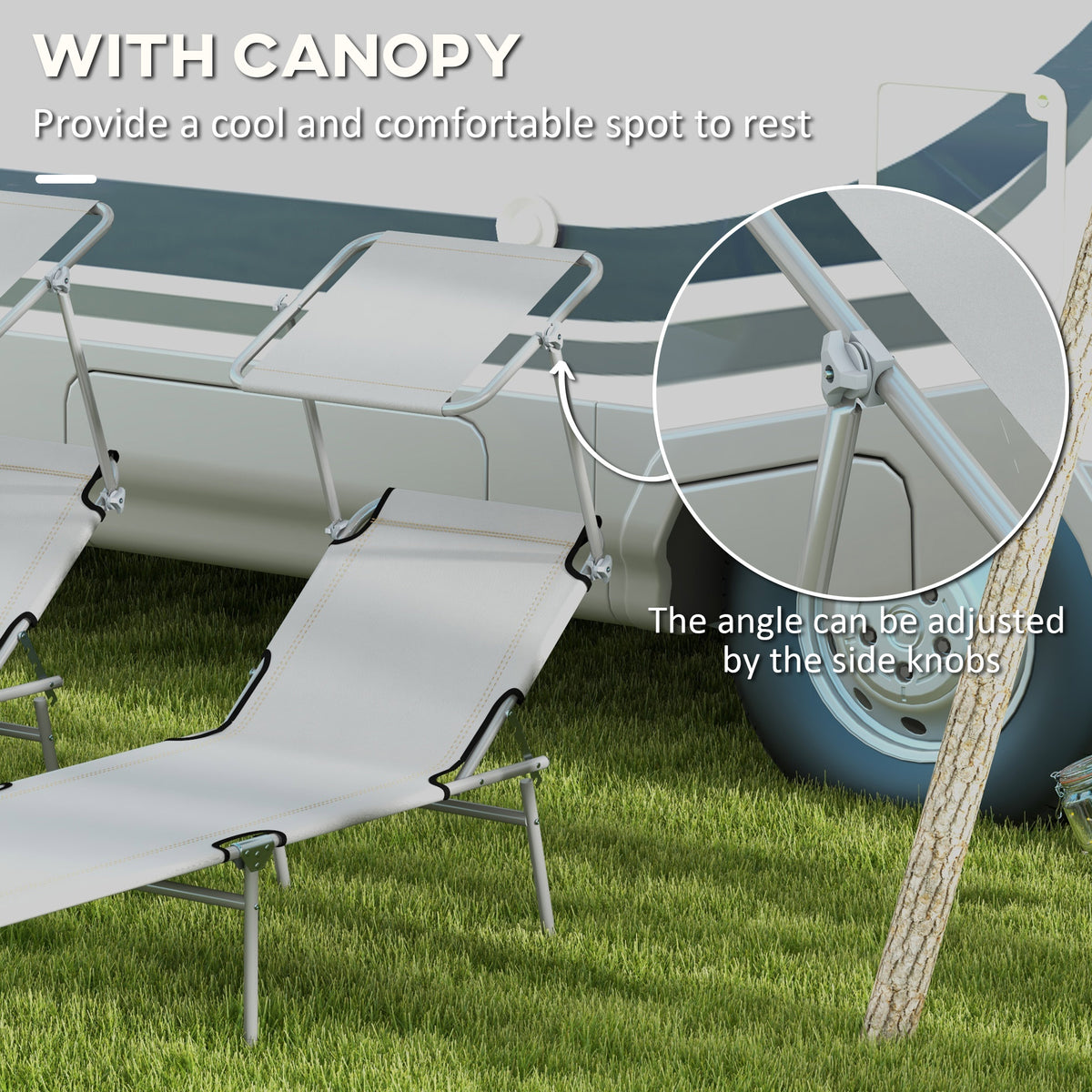 2Pcs Outdoor Lounge Chair, Adjustable Folding Chaise Lounge with Sun Shade for Beach, Camping, Hiking, Light Grey