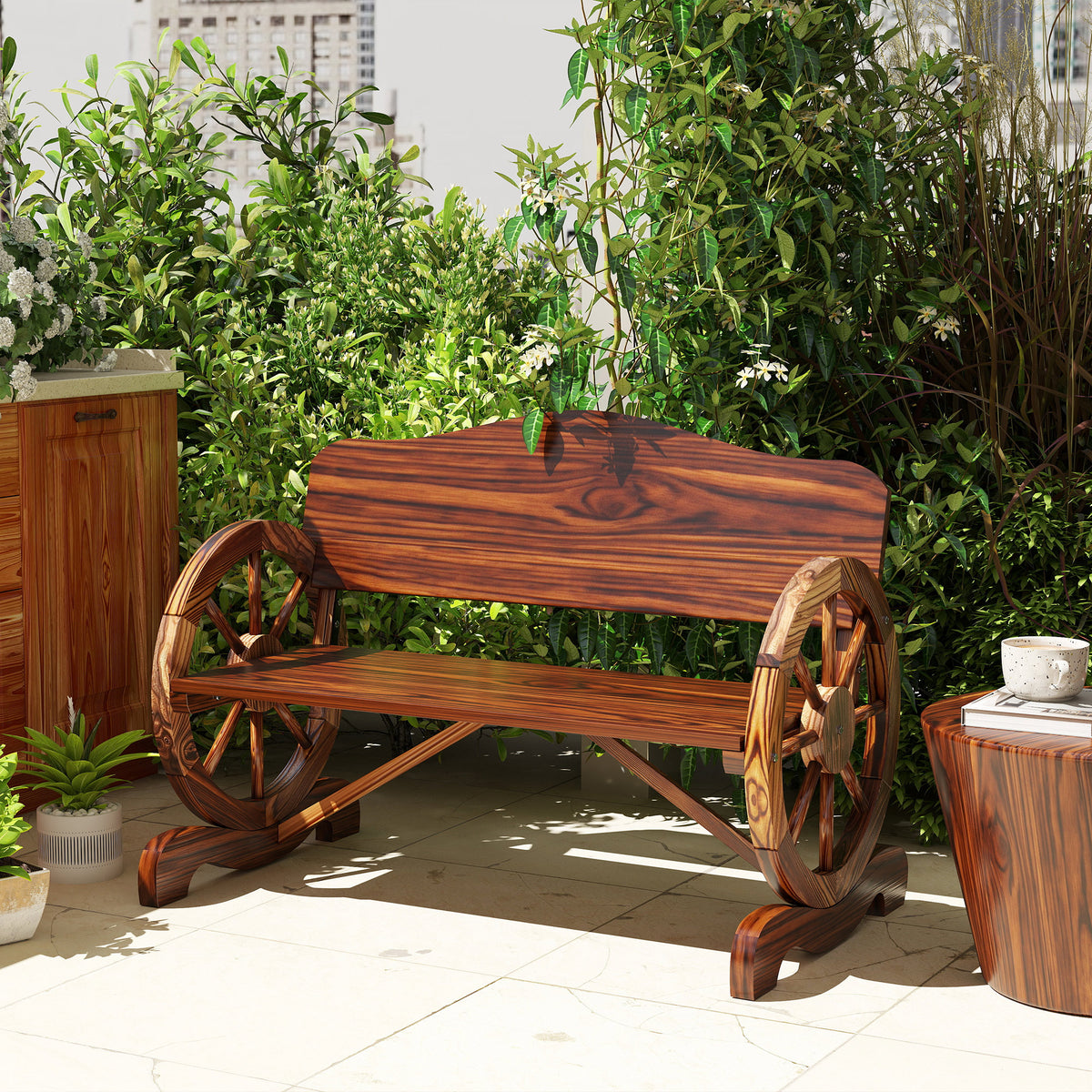 Wooden Outdoor Bench, Garden Patio Loveseat with Wagon Wheel Armrests, 528LBS Capacity, Carbonized
