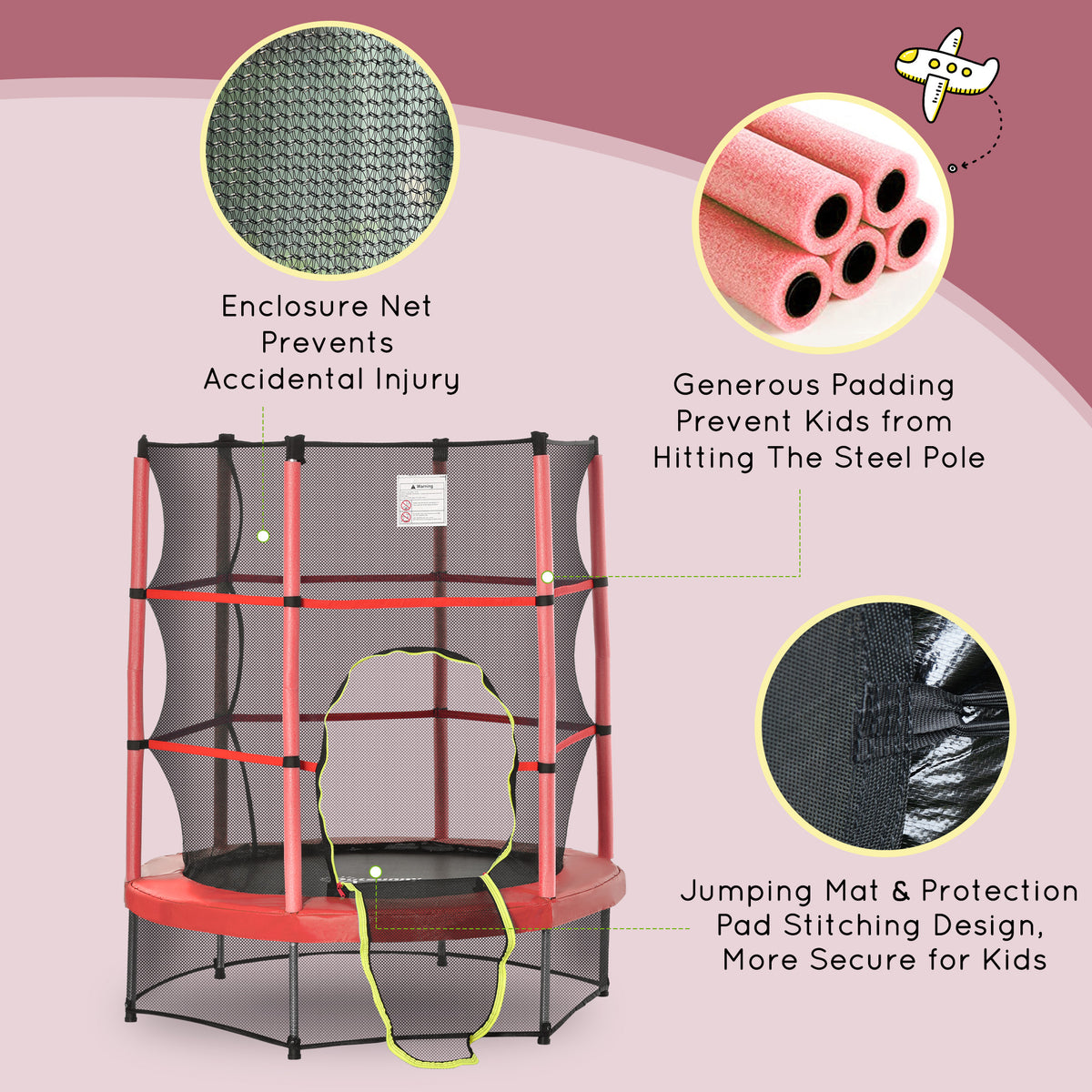 55" Kids Trampoline with Enclosure Net for Indoor/Outdoor, Trampoline for Boys and Girls Age 3-6 Years, Red – view 9