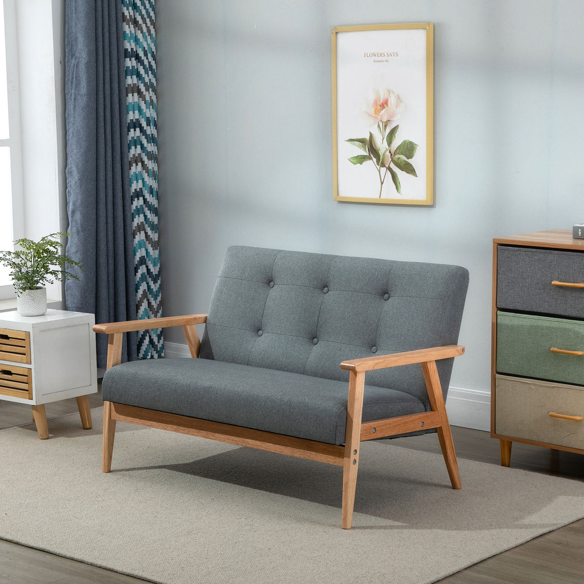 45" 2 Seat Sofa, Upholstered Two Seater Couch with Rubber Wood Legs for Bedroom, Living Room, Dark Grey