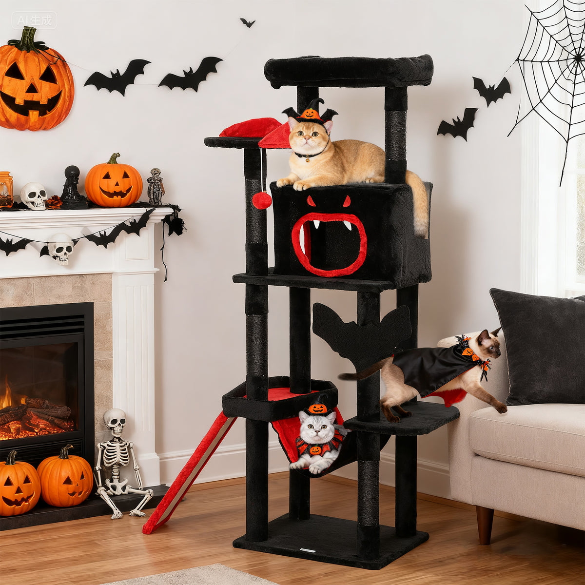 Gothic Cat Tree, 60" Tall Cat Tower with Coffin Bed,  Sisal Scratching Posts & Ramp, Condo, Hammock, Perches, Black