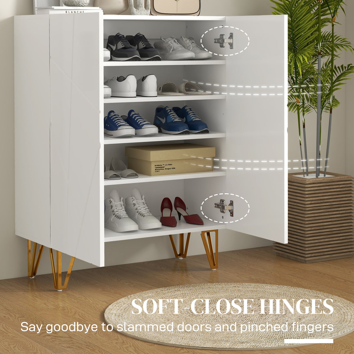 Narrow Shoe Storage Cabinet with Soft-Close Hinges and Adjustable Shelves for 15-20 Pairs of Shoes, High Gloss White