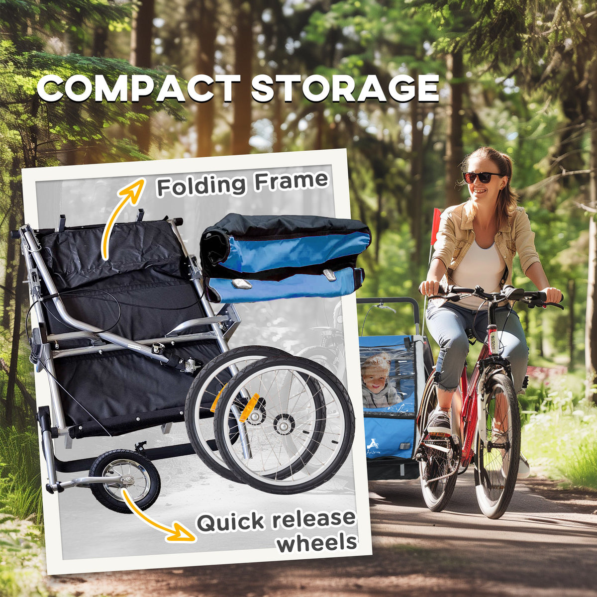 Aosom 2-in-1 Bike Trailer for Kids, Foldable 2-Seat Baby Stroller with 5-Point Harness, Rubber Wheels, Storage Bag