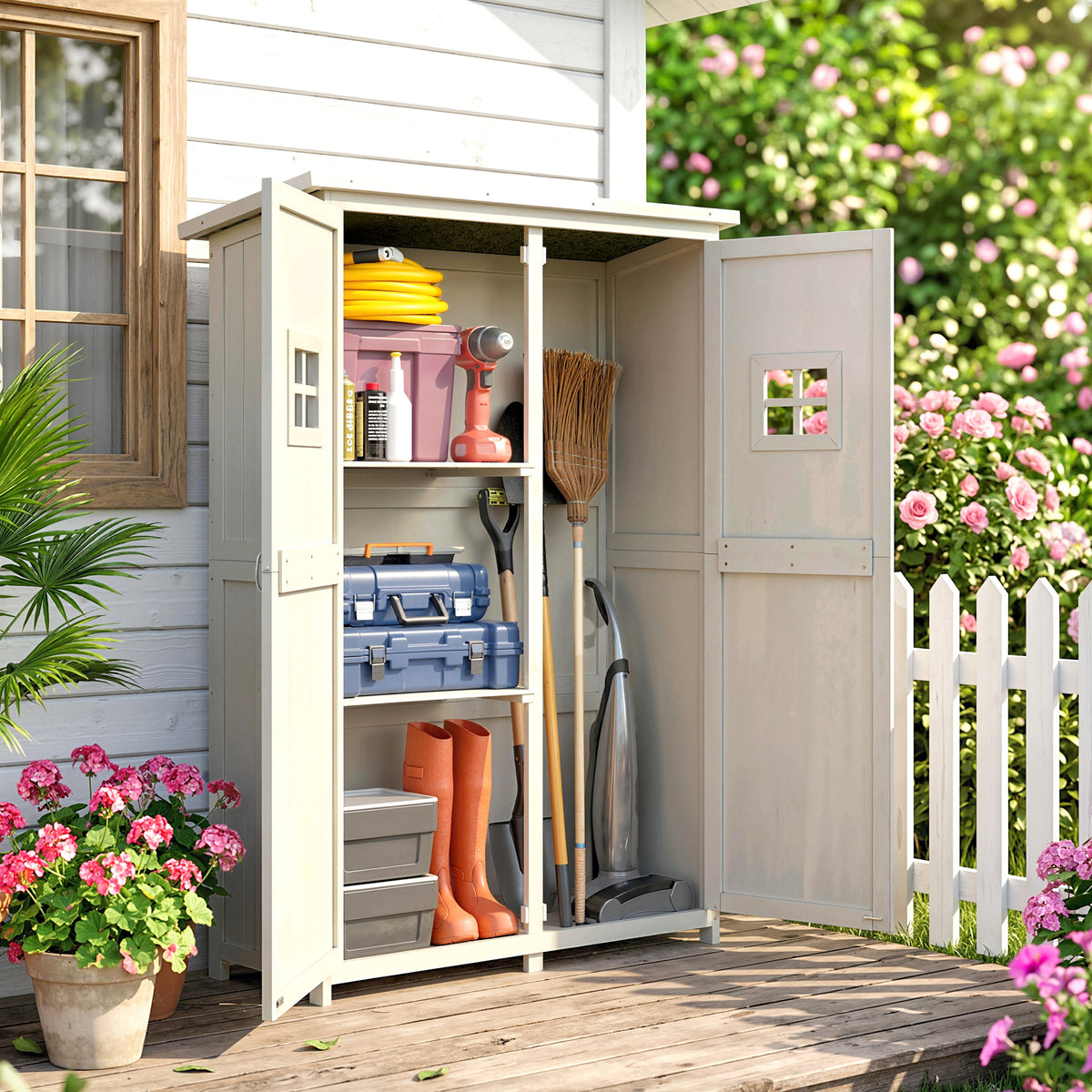 4x1.5ft Wooden Garden Storage Shed, Outdoor Tool Cabinet Organizer with Windows and Double Door, Nature Wood