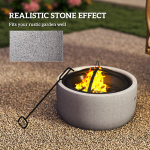 24" Outdoor Fire Pit with Stone Effect, Wood-burning Firepit Fireplace with Spark Screen and Poker for Backyard Camping Bonfire, Gray