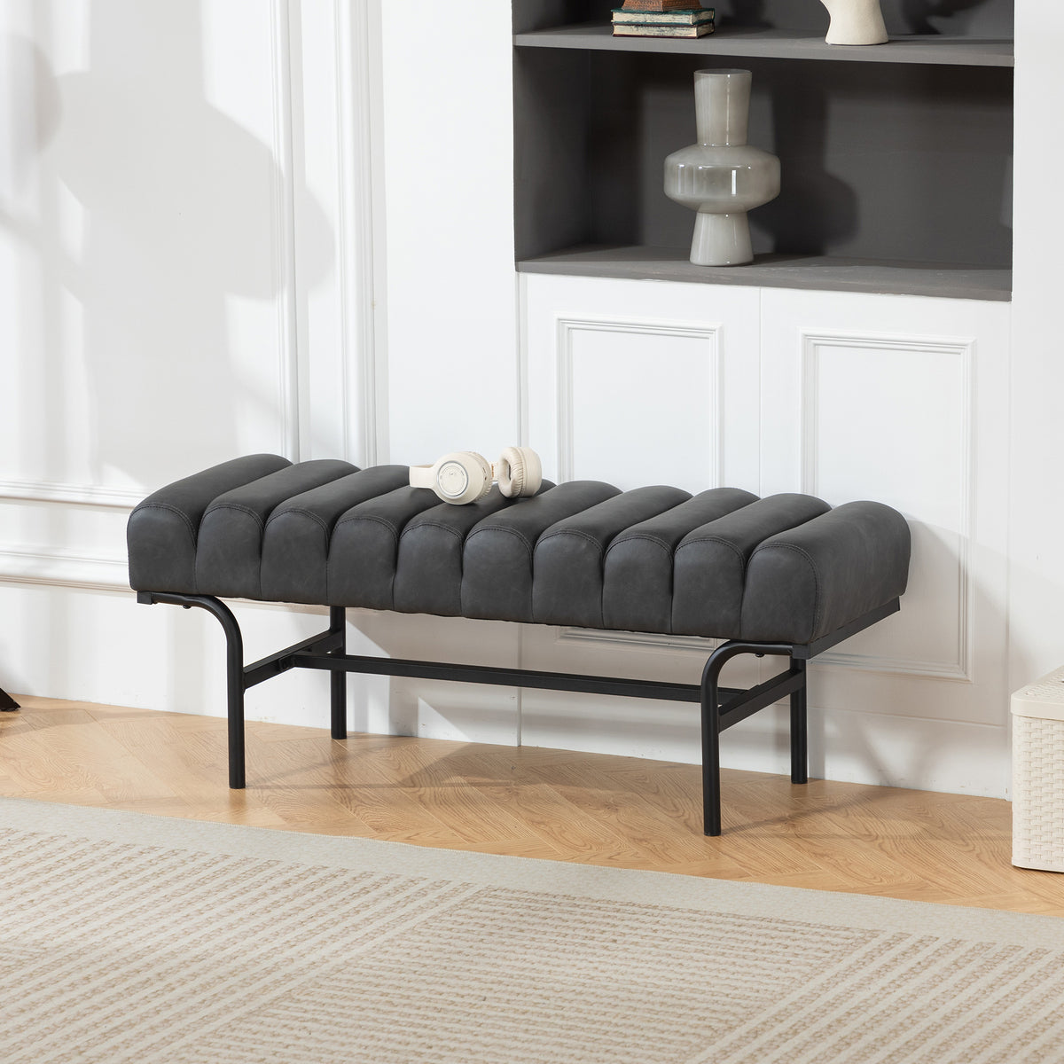 Bedroom Bench PU Leather End of Bed Bench with Cylindrical Seat and Metal Legs for Bedroom Living Room – view 7