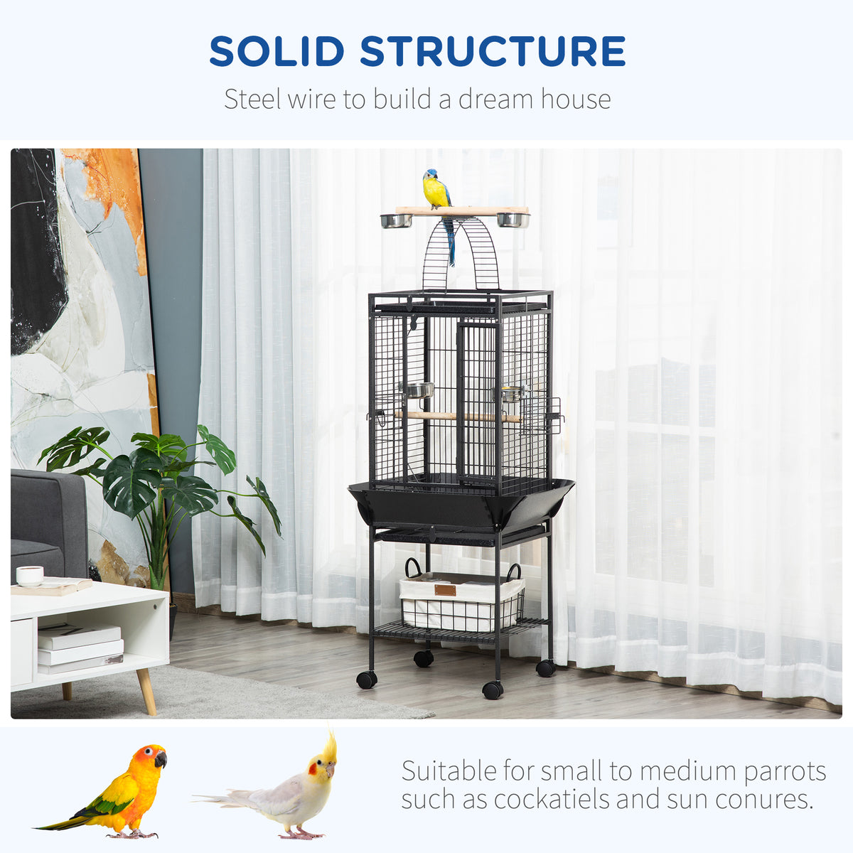 61.5 Inch Bird Cage Parakeet House for Cockatiel with Stand, Pull Out Tray, Play Top, Storage Shelf, Wood Perch, Food Container