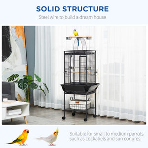 61.5 Inch Bird Cage Parakeet House for Cockatiel with Stand, Pull Out Tray, Play Top, Storage Shelf, Wood Perch, Food Container