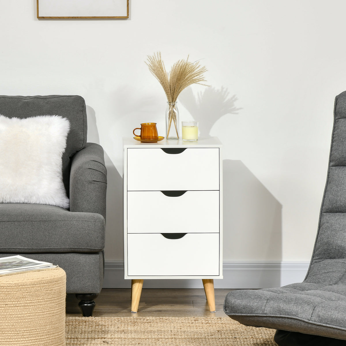 Bedside Table, Modern Nightstand with 3 Drawers, Side End Table with Wood Legs for Living Room, Bedroom, White