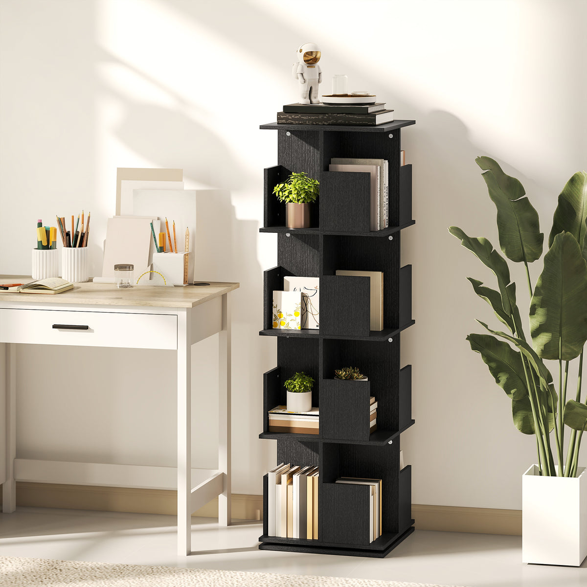 360° Rotating Bookcase with Anti-Tipping Straps, Anti-Slip Foot Pads, 4 Tier Bookshelf with 16 Cubbies for Books, Plants, Decorations, Black