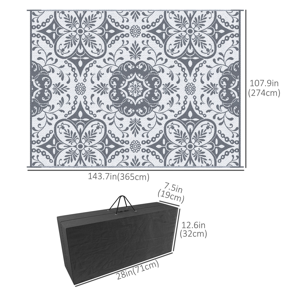 Portable Outdoor Rug with Carry Bag, 9' x 12' Reversible Mat, Waterproof Plastic Straw RV Rug for Backyard, Deck, Picnic, Beach, Camping, Blue & White Flower