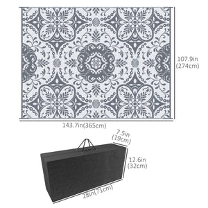 Portable Outdoor Rug with Carry Bag, 9' x 12' Reversible Mat, Waterproof Plastic Straw RV Rug for Backyard, Deck, Picnic, Beach, Camping, Blue & White Flower