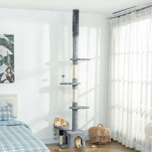 Floor to Ceiling Cat Tree, 4 Tiers Tall Kitty Climbing Tower with Scratching Post, Adjustable Height 87-100"