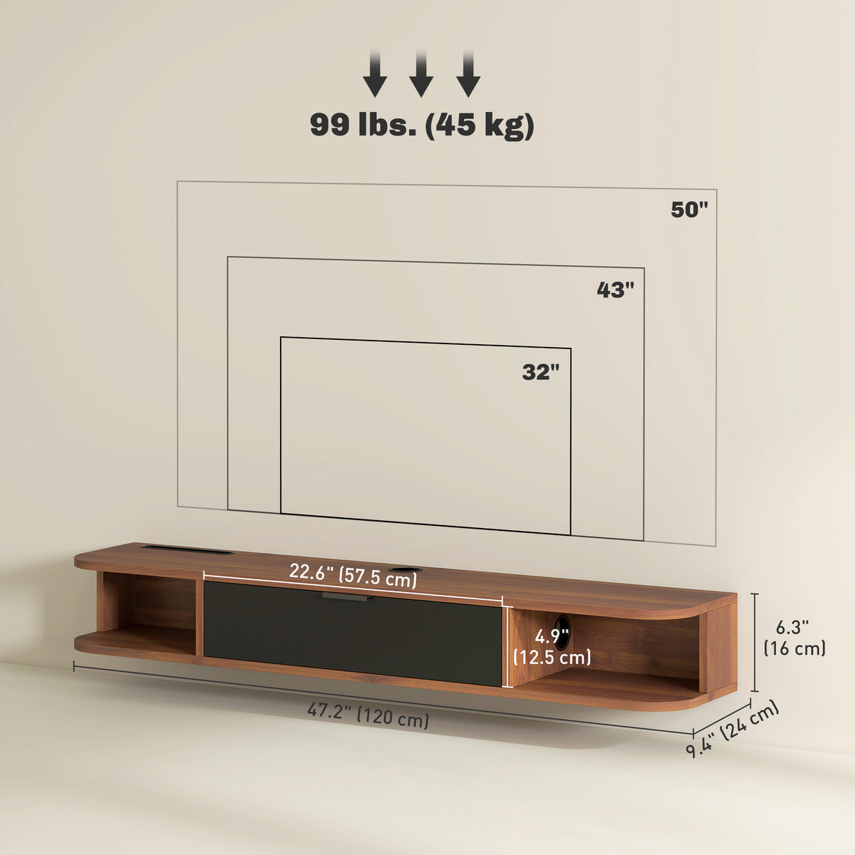 47" Floating TV Stand for TVs up to 50 Inch, Wall Mounted Media Console with Flip Drawer and 2 Open – view 2