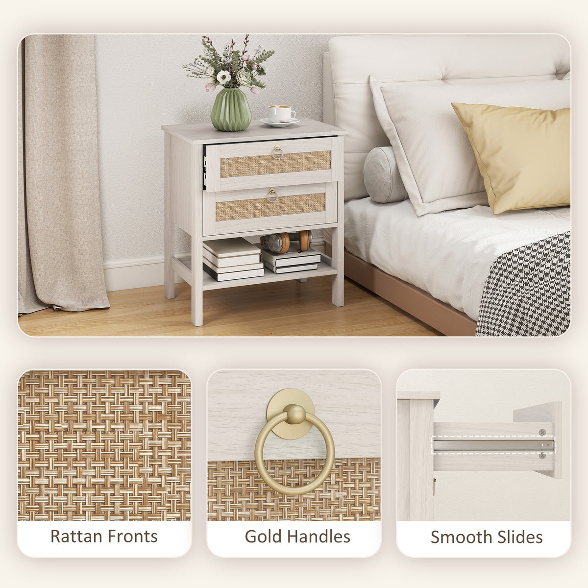Set of 2 Boho Bedside Tables, Rattan Nightstands with 2 Drawers, Storage Shelf, End Side Tables for Bedroom, White Oak
