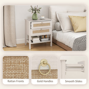 Set of 2 Boho Bedside Tables, Rattan Nightstands with 2 Drawers, Storage Shelf, End Side Tables for Bedroom, White Oak