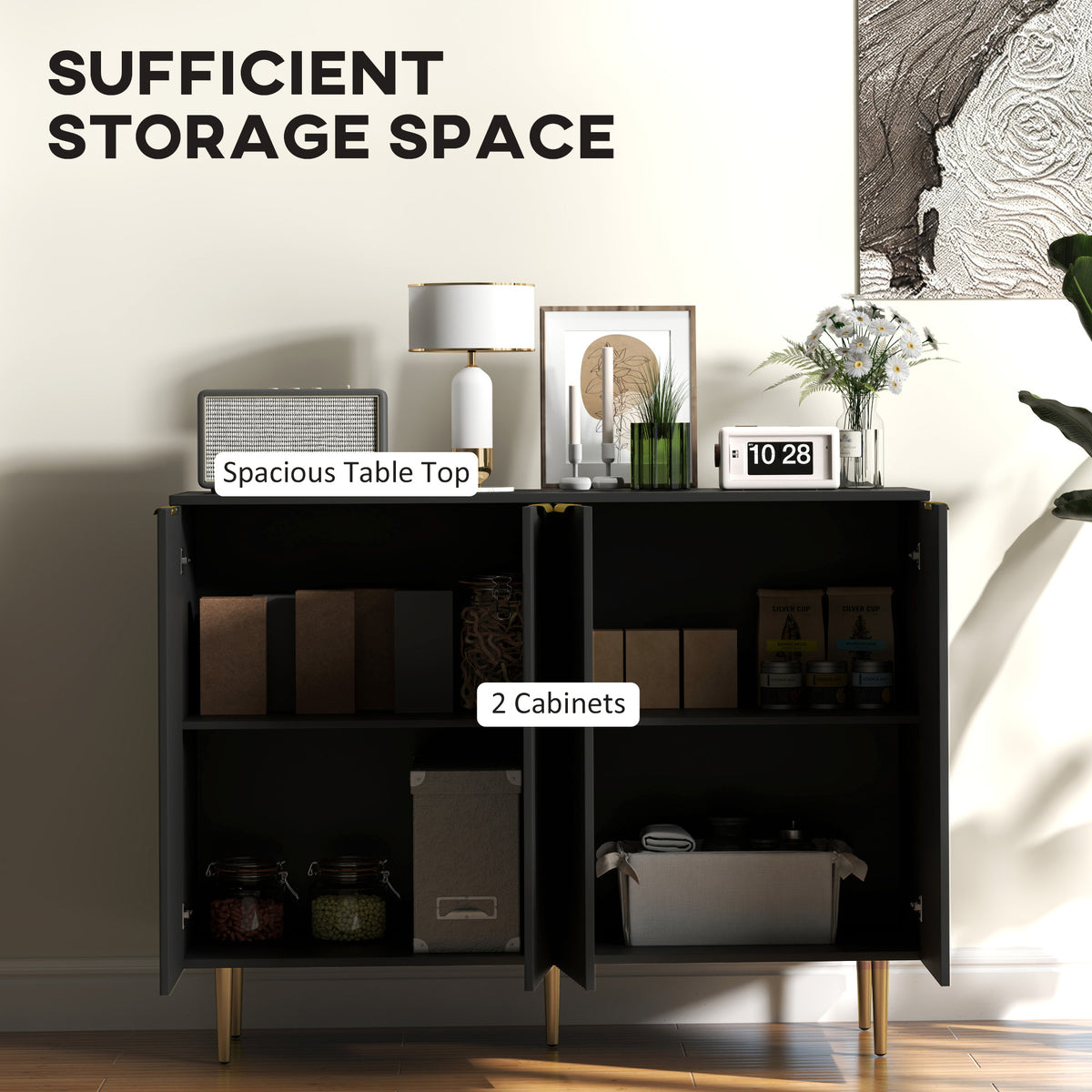 Modern Kitchen Storage Cabinet, Sideboard Buffet Cabinet with Adjustable Shelves for Hallway, Black – view 3