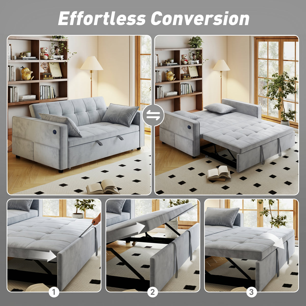 3‑in‑1 Convertible Sofa Bed, Pull Out Sleeper Sofa with USB Charging, Adjustable Backrest, Side Pockets – view 17