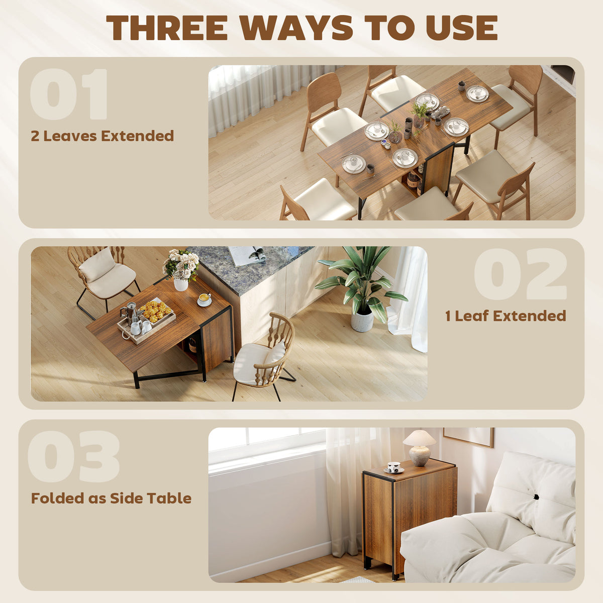 Multi-use Foldable Table with Hideaway Shelves, Drop Leaf Table for Kitchen, Dining, Study and Office, Brown
