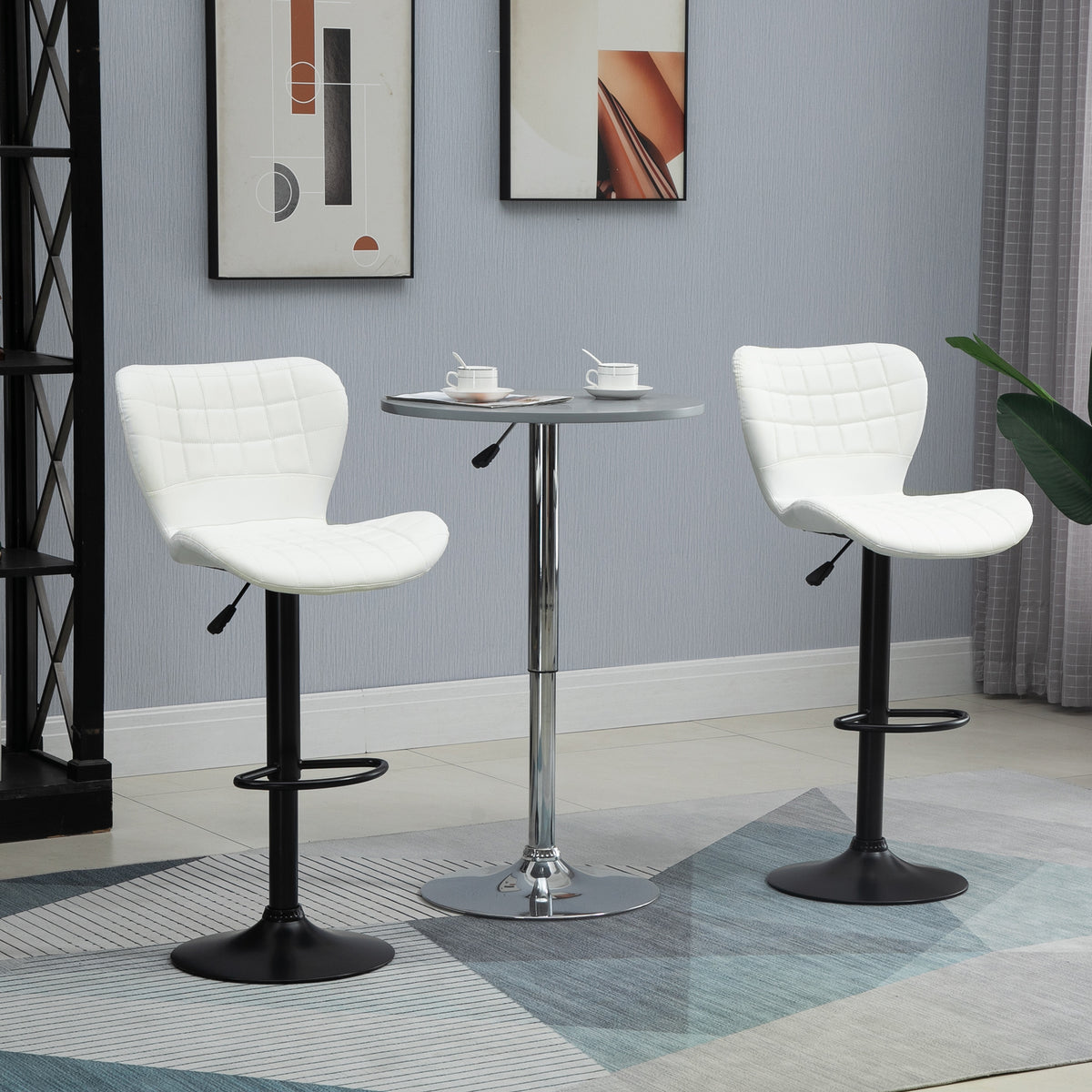 Bar Stools Set of 2 Adjustable Height Swivel Bar Chairs in PU Leather with Backrest & Footrest, White