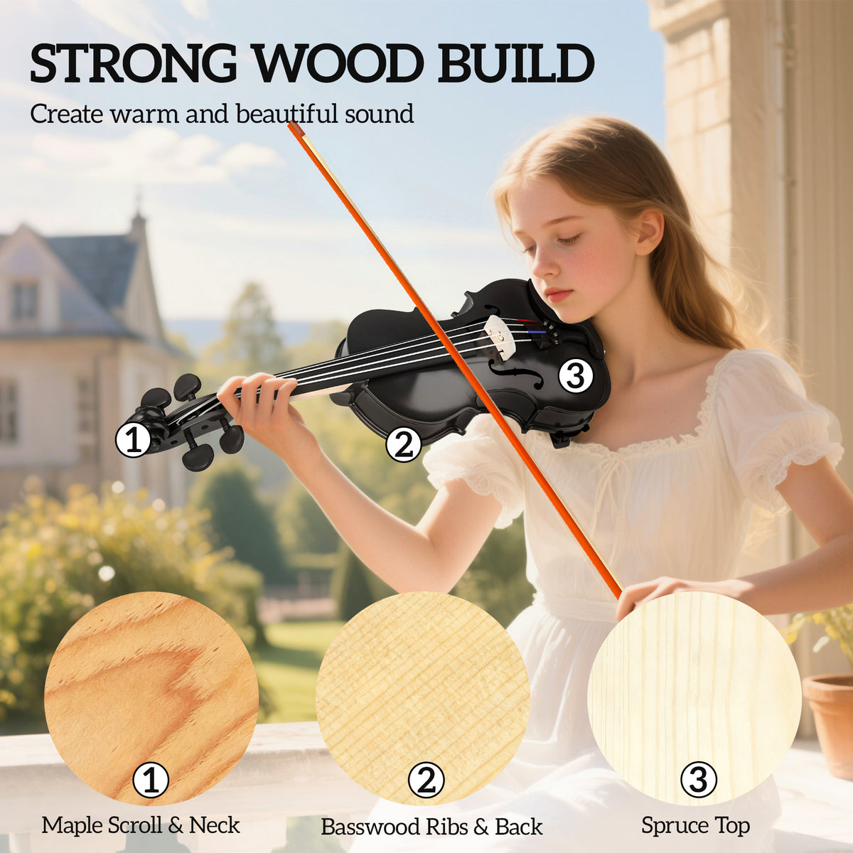 4/4 Full Size Violin, Wood Acoustic Violin Set for Beginners, Adults, with Case, Rosin, Shoulder Rest, Black