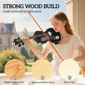 4/4 Full Size Violin, Wood Acoustic Violin Set for Beginners, Adults, with Case, Rosin, Shoulder Rest, Black