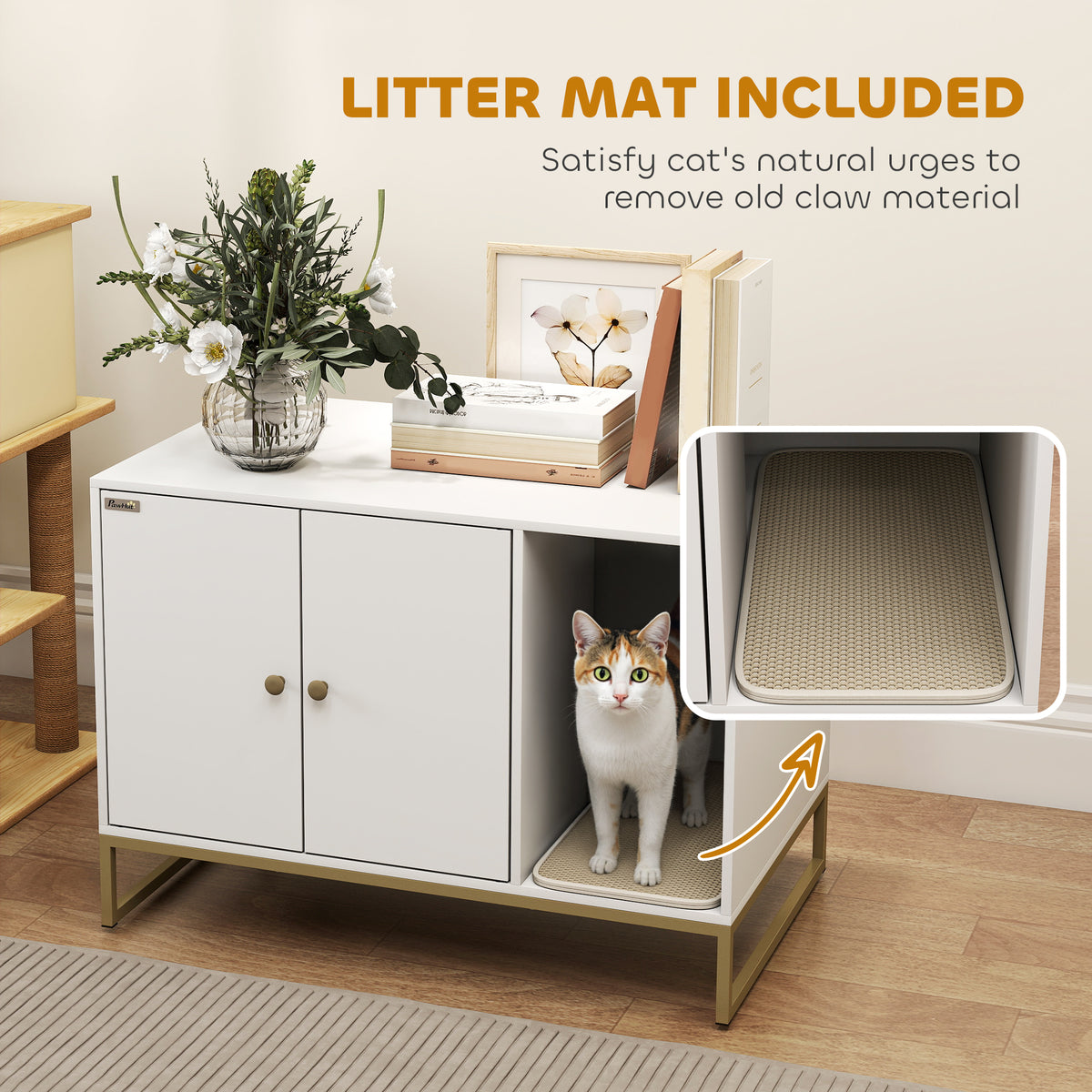 Cat Litter Box Enclosure with Tall Legs, Litter Mat, Fits Mots of Litter Box, 31.5" x 20" x 22", White