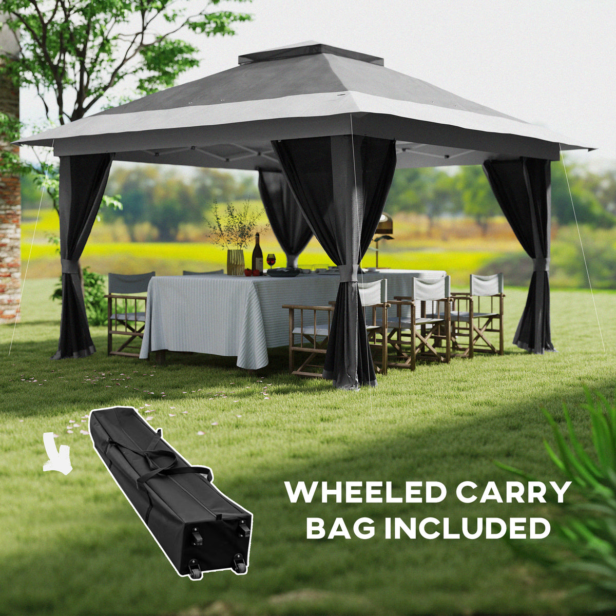 11.7' x 11.7' Pop Up Canopy Tent with Netting, UPF50+ Instant Sun Shelter with Wheeled Carry Bag and Sand Bags