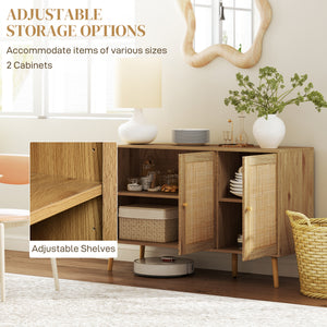 Bohemian Sideboard with Rattan Doors & Adjustable Shelf, Natural Wood Finish