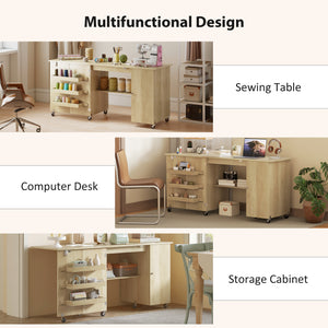 Sewing Machine Table with Drop Leaf, Folding Craft Table with 2 Doors and Adjustable Shelf for Small Spaces, Brown
