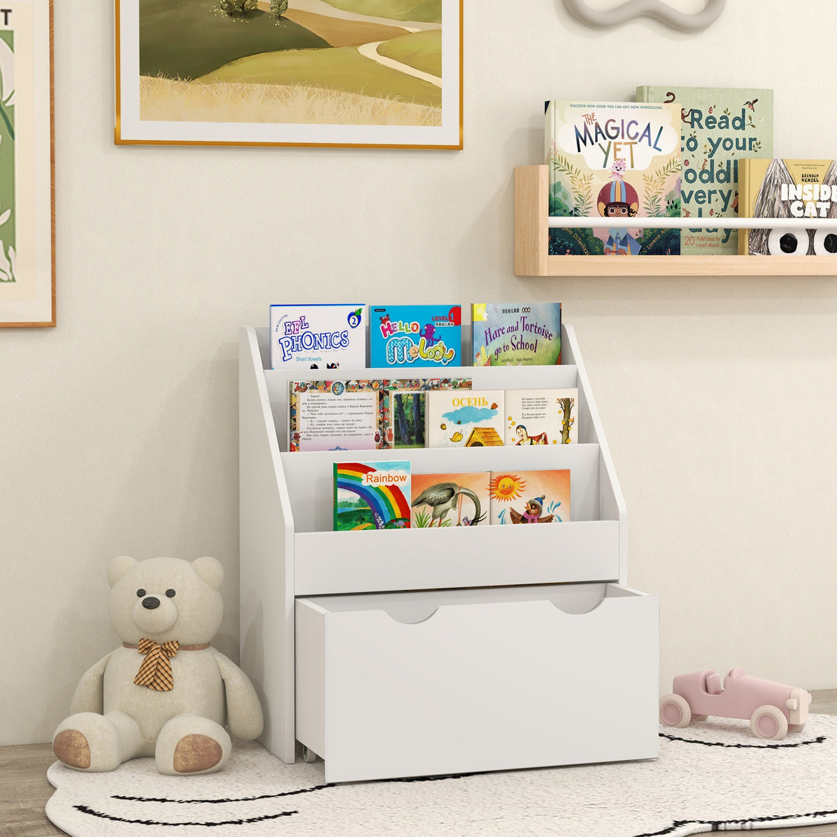 Qaba Kids Bookshelf with 3 Tier Display Shelves, Drawer for Nursery