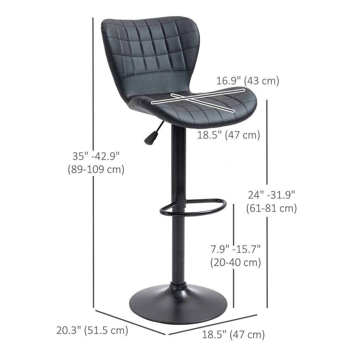 Bar Stools Set of 2, Adjustable Height Swivel Bar Chairs, PU Leather Upholstered Kitchen Counter Stools with Wide Seat, Back and Footrest, Black