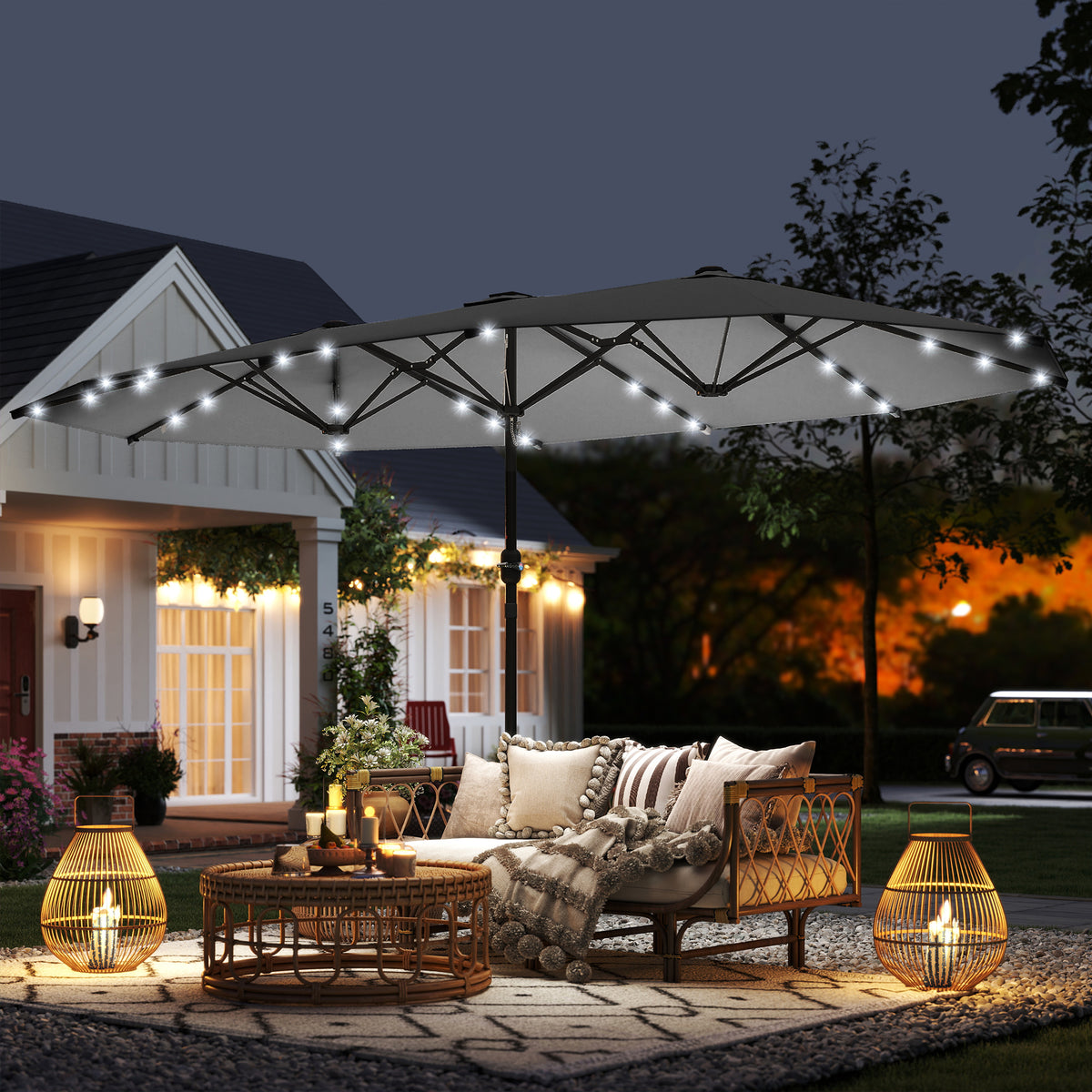 174" Double-Sided Sun Umbrella Garden Parasol Patio Sun Shade Outdoor with LED Solar Light, Khaki – view 14