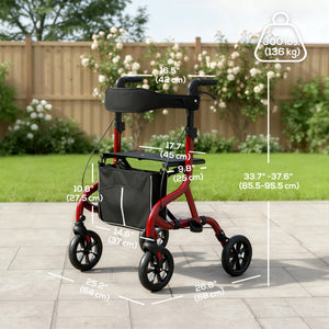 Foldable Rollator Walker with Seat for Seniors, Lightweight Rolling Walker with Adjustable Handles - Red