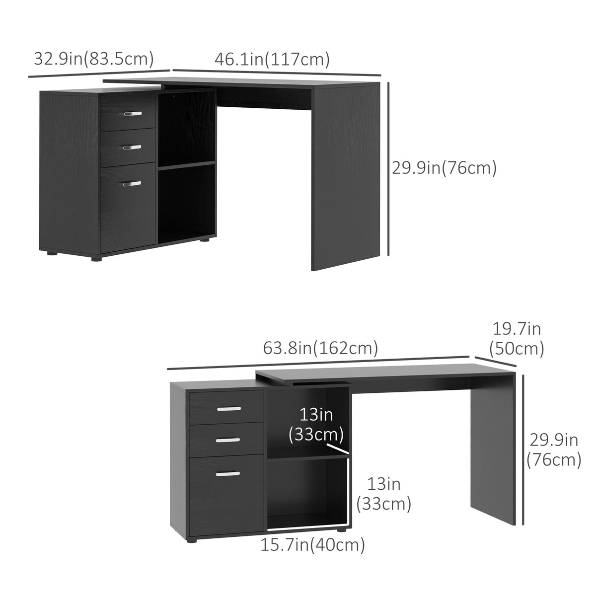L-Shaped Corner Straight Writing Desk with Storage Shelf, Drawer – view 2