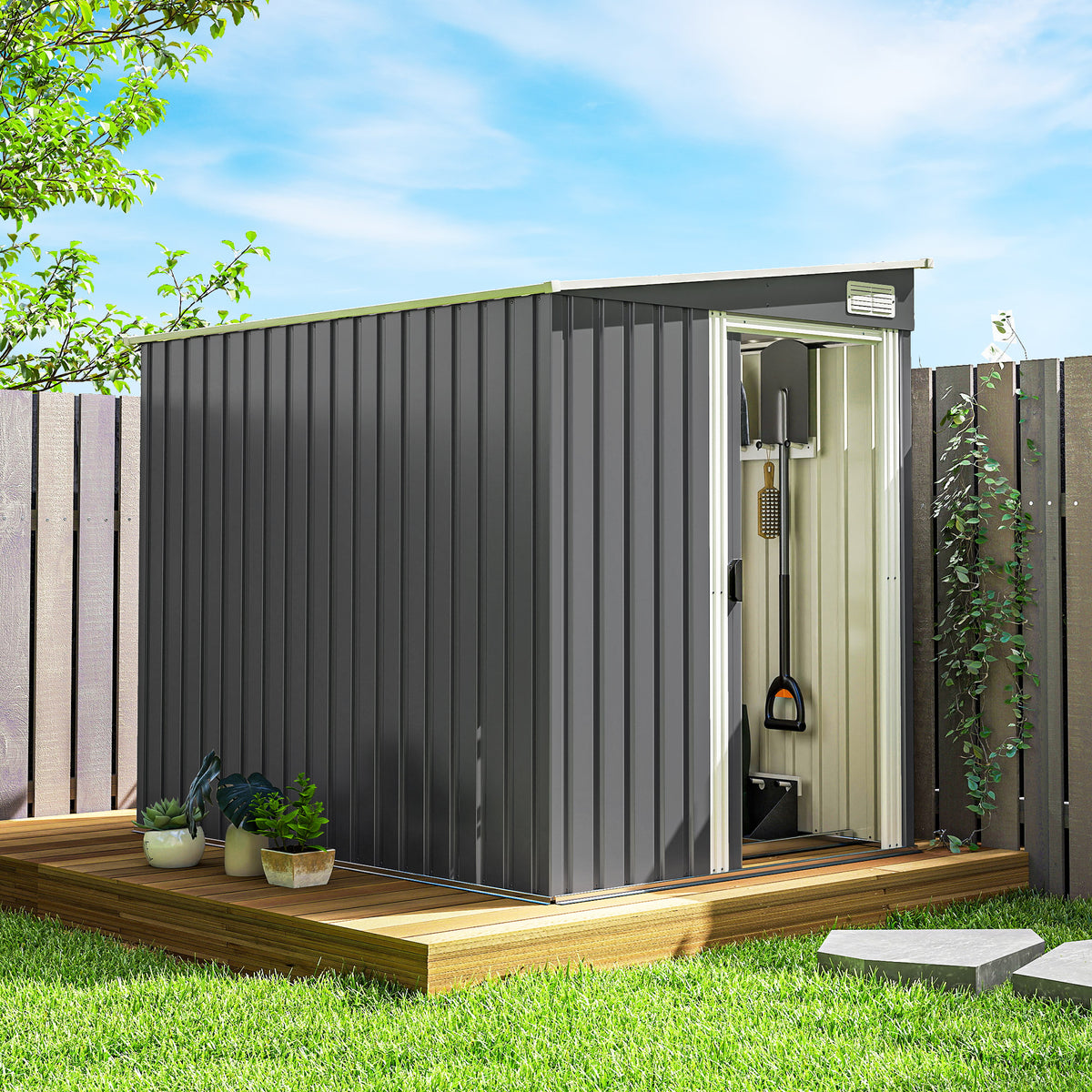 5'x7' Lean to Galvanized Metal Shed with Foundation, Garden Tool Storage House with Sliding Door and 2 – view 7