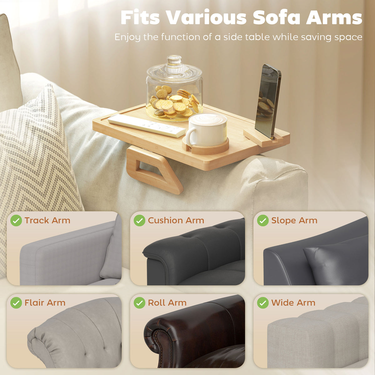 Couch Arm Tray, Clip-On Side Table with 360° Rotating Phone Holder and Removable Cup Holder, Natural