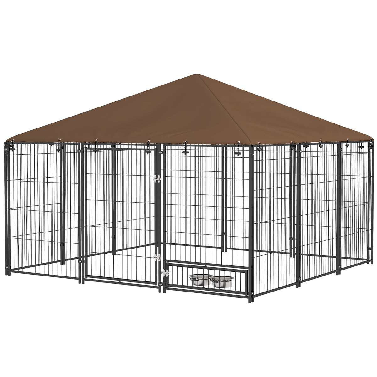 4.6' x 4.6' x 5' Outdoor Dog Kennel with Canopy, Rotating Bowls, Coffee – view 8