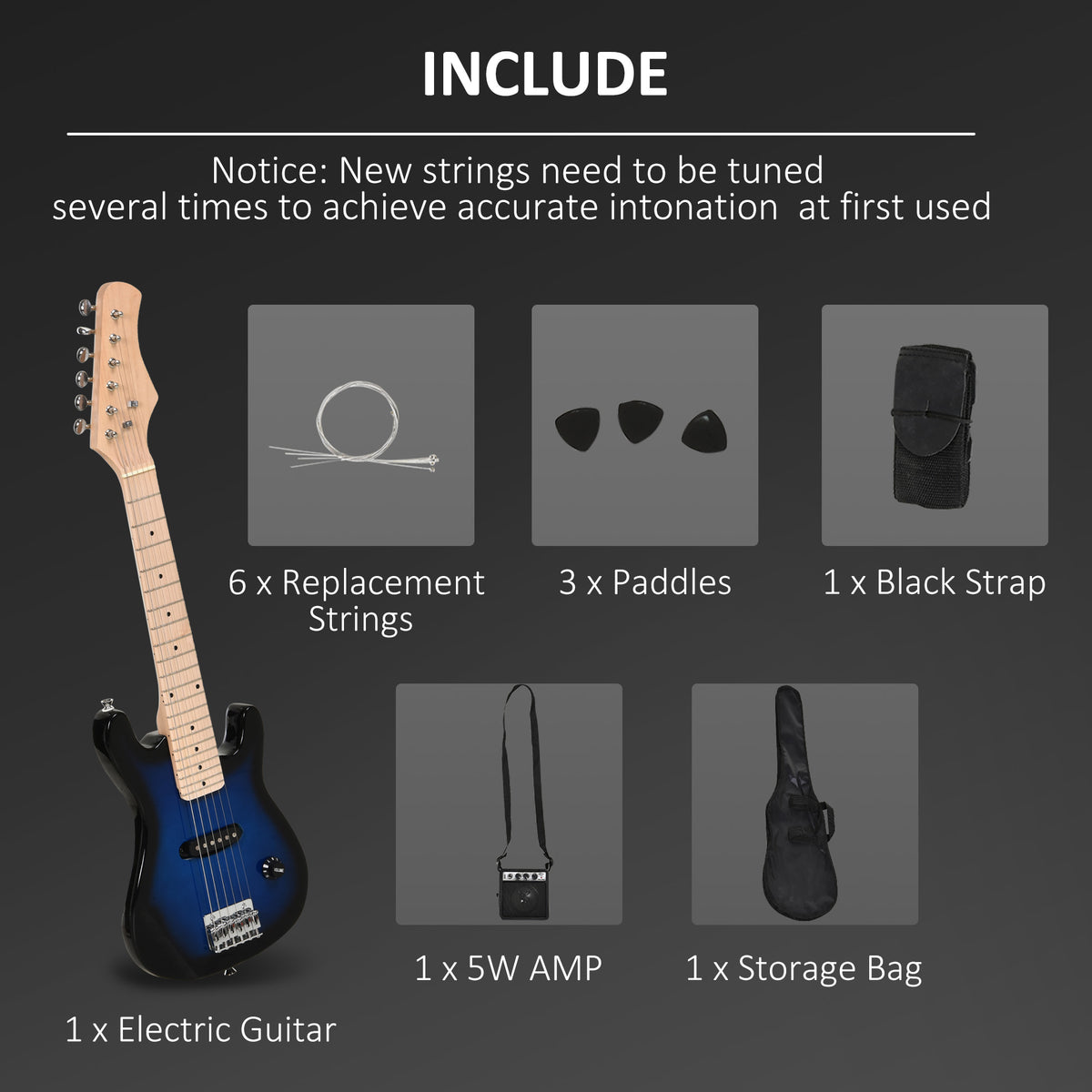 30 Inch Electric Guitar 3/4 Size Beginner Starter Kit with 5W Amplifier, Strap, Strings, Picks, Carrying Case, Blue