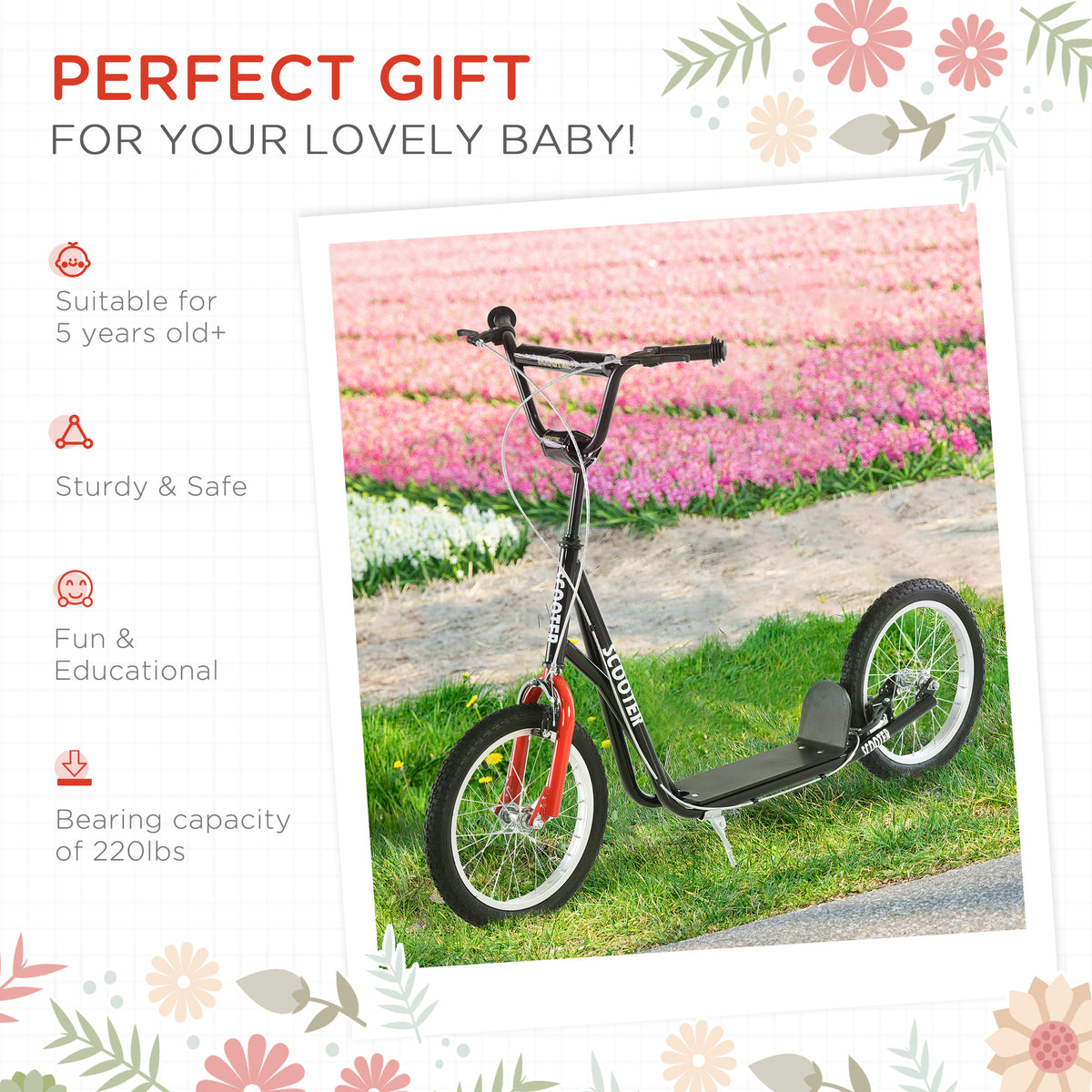 Aosom Kids Kick Scooter for 5+ Year Old, Kids Ride on Toy w/ 16'' Inflatable Wheel Dual Brakes