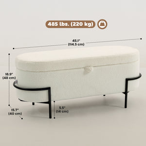 Storage Ottoman with Lift-Up Lid and Steel Legs, 45 Inches Sherpa Fleece Storage Chest for Living Room, Cream White