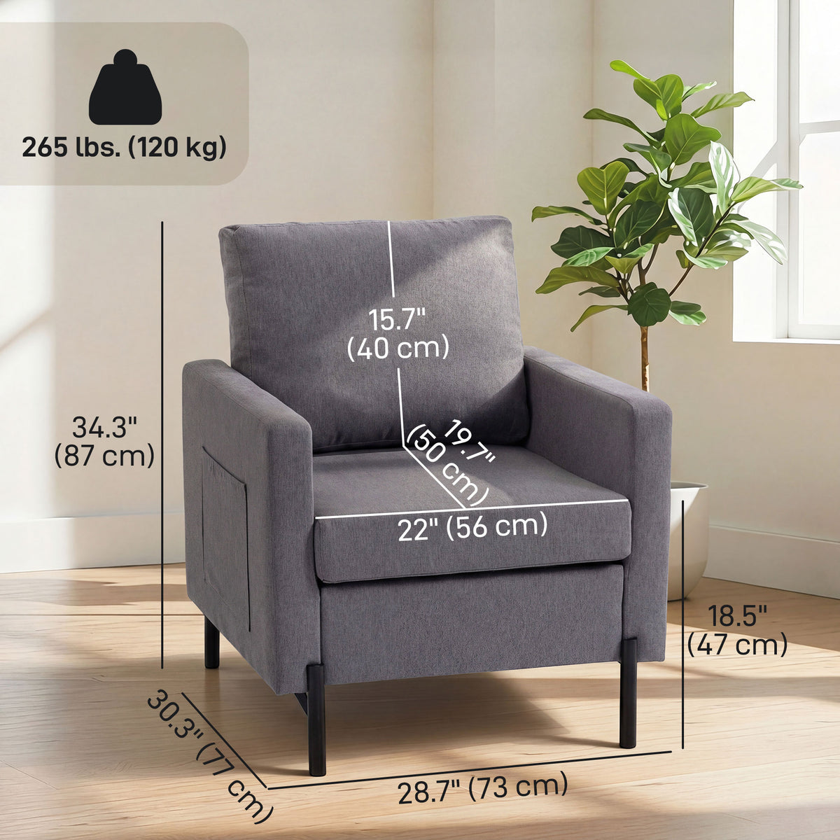Accent Chair Modern Upholstered Armchair with Side Pockets and Cushion for Bedroom, Living Room, Beige – view 9