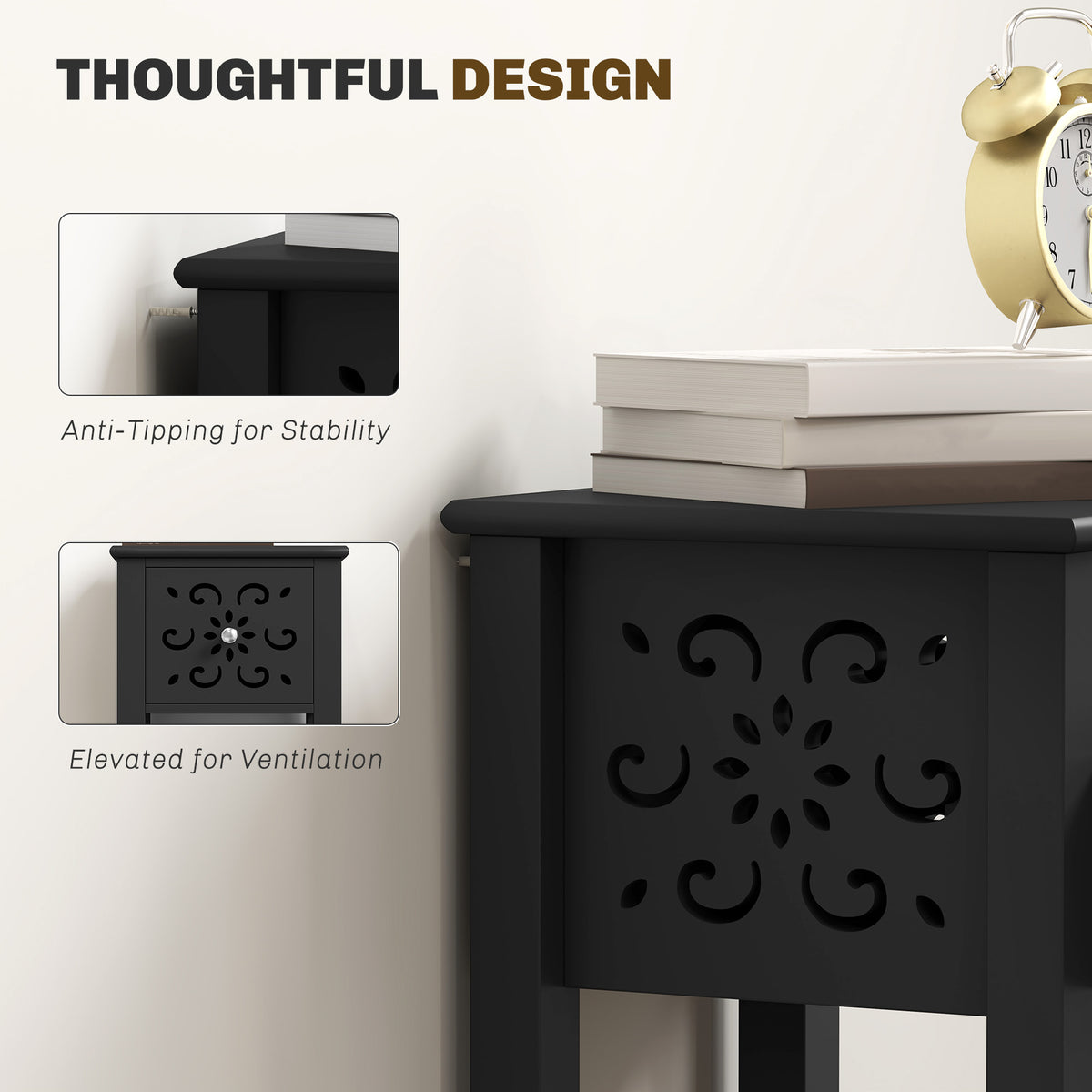 Nightstand Set of 2 with Drawer and Open Storage Shelf Black – view 5