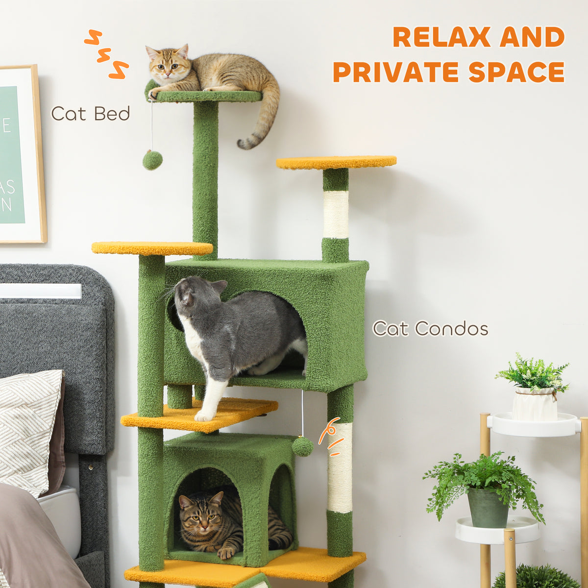 54" Cat Tree, Multi-Level Cat Tower with Scratching Posts, Cat Condos, Bed, Platforms, Ramp, Toy Ball, Beige – view 74