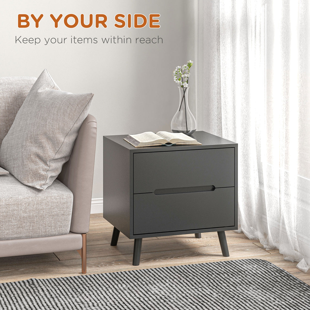 Nightstand, Bedside Table with 2 Drawers, Modern Side End Table with Solid Wood Legs for Bedroom, White – view 10