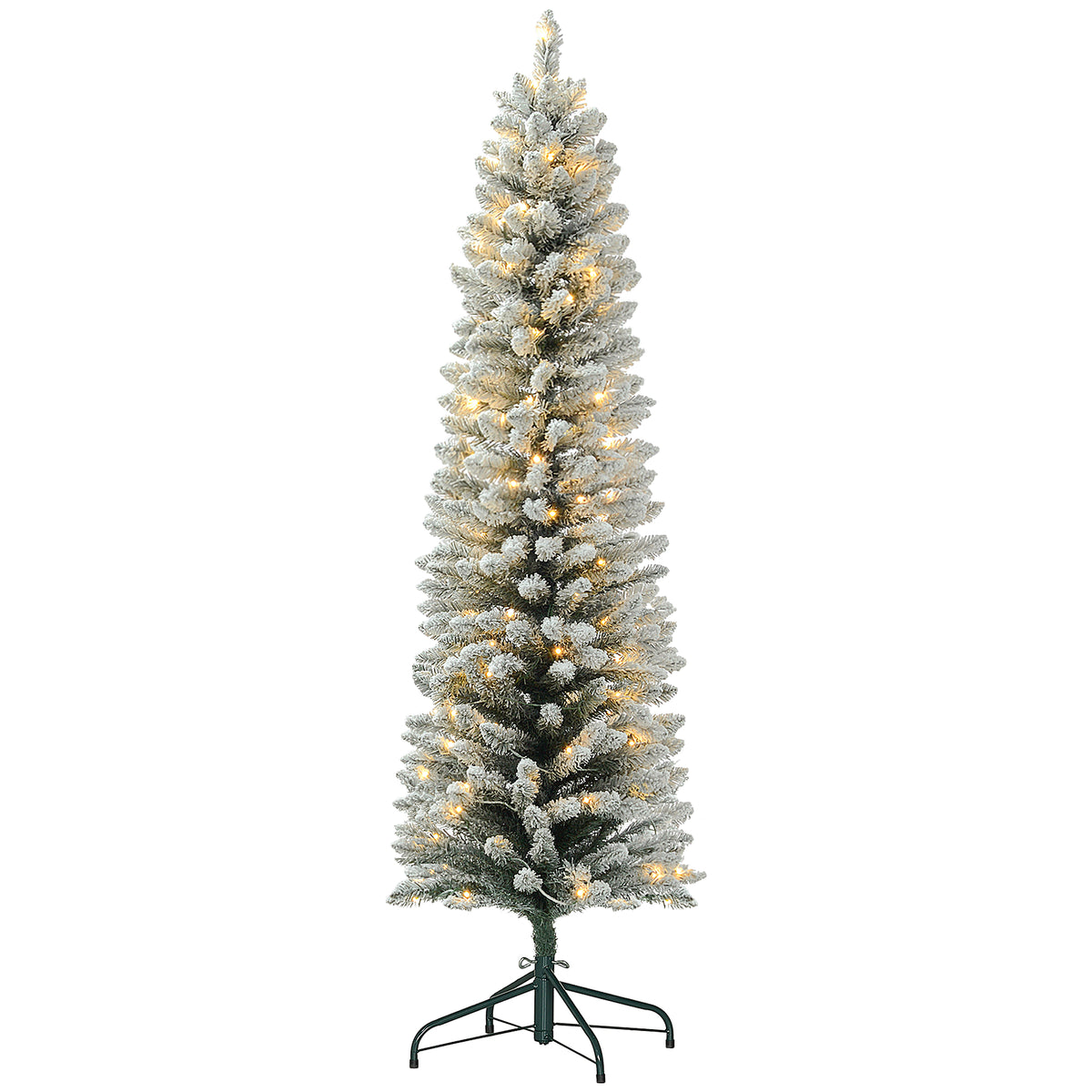 5ft Artificial Prelit Christmas Tree with Warm White LED Light, Snow Flocked Branches, Metal Base, Pencil Xmas Tree