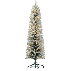 5ft Artificial Prelit Christmas Tree with Warm White LED Light, Snow Flocked Branches, Metal Base, Pencil Xmas Tree